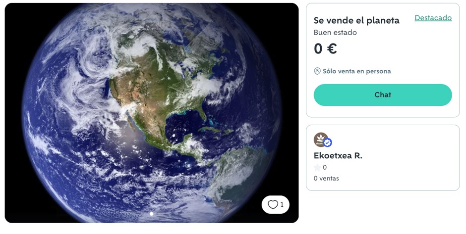 Ekoetxea pone el planeta a la venta en Wallapop para despertar conciencias